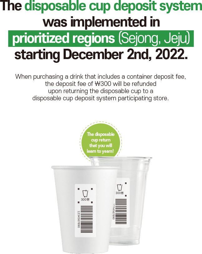The disposable cup deposit system will be implemented in prioritized regions (Sejong, Jeju) starting December 2nd, 2022.